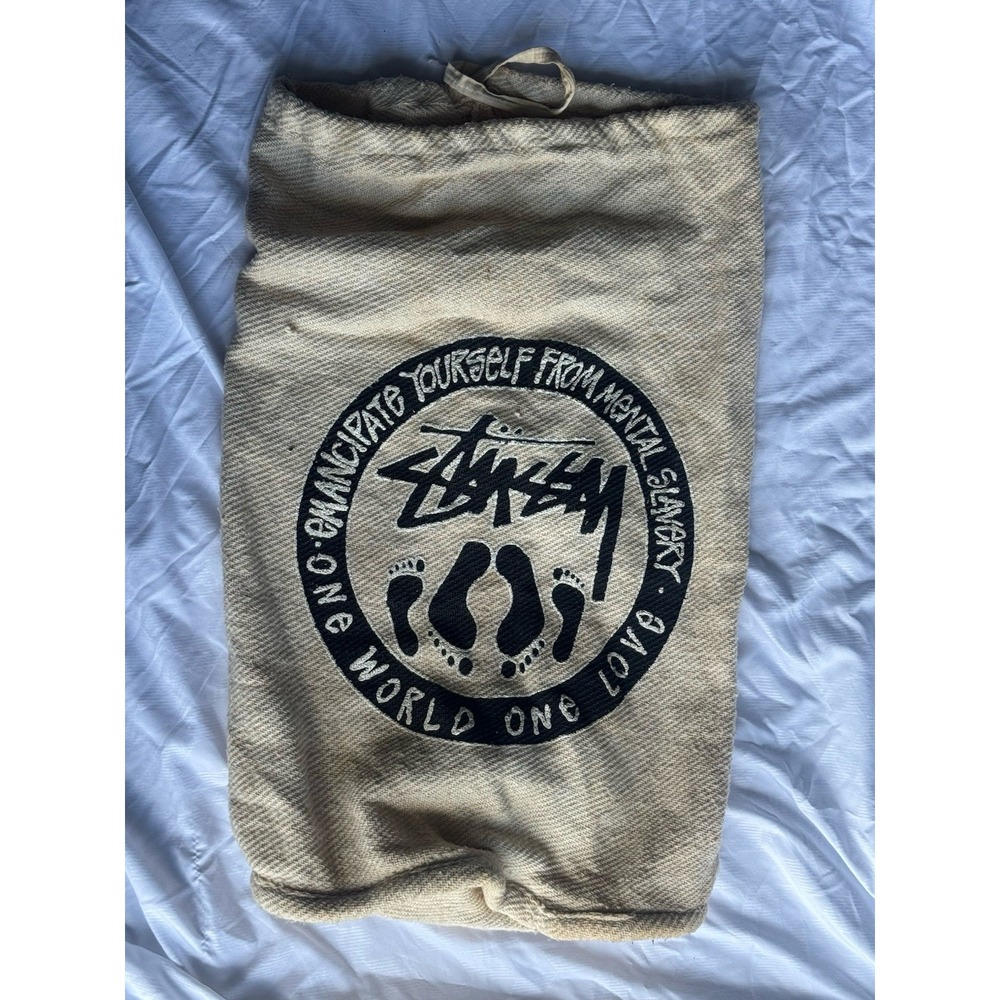 Stüssy World One Love Canvas Drawstring Bag Natural Beige Streetwear Gym Sack